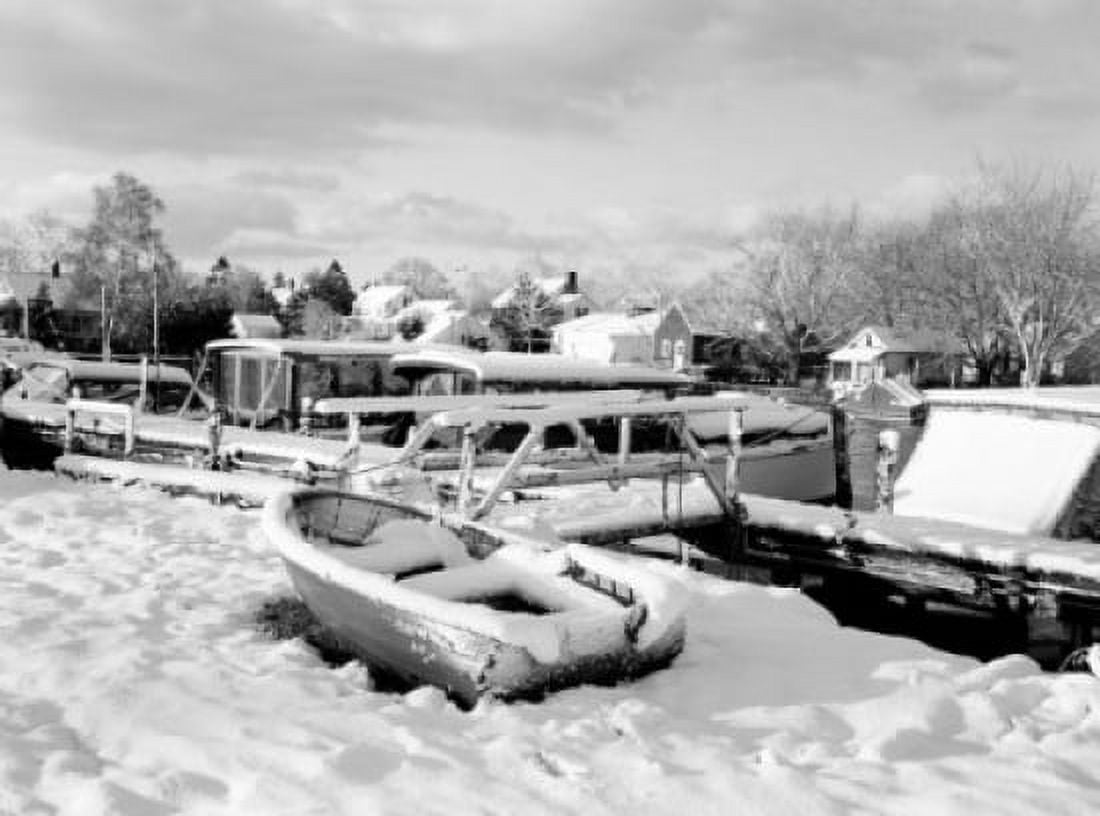 Snow covered boats in harbor Canvas Art - (18 x 24)