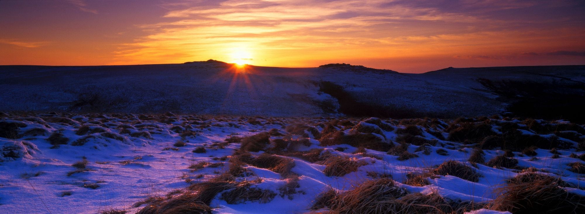 Snow covered landscape at dusk Dartmoor Devon England Canvas Art - Panoramic Images (27 x 9)