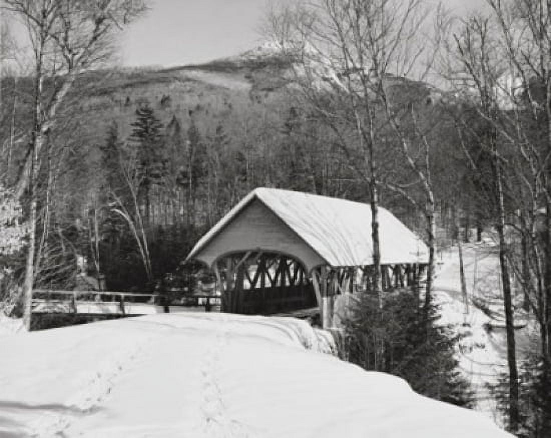 Snow covered road leading to a covered bridge Old Lattice Covered Bridge Pemigewasset River Franconia Notch State Park New Hampshire USA Canvas Art - (18 x 24)