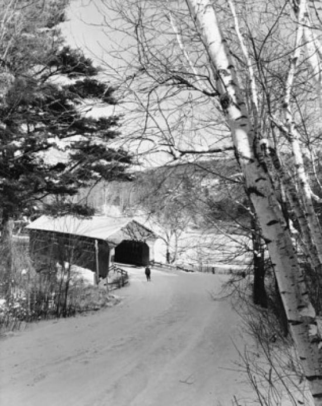 Snow covered road leading towards a covered bridge Canvas Art - (18 x 24)