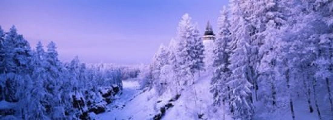 Snow covered trees in front of a hotel Imatra State Hotel Imatra Finland Canvas Art - Panoramic Images (18 x 7)