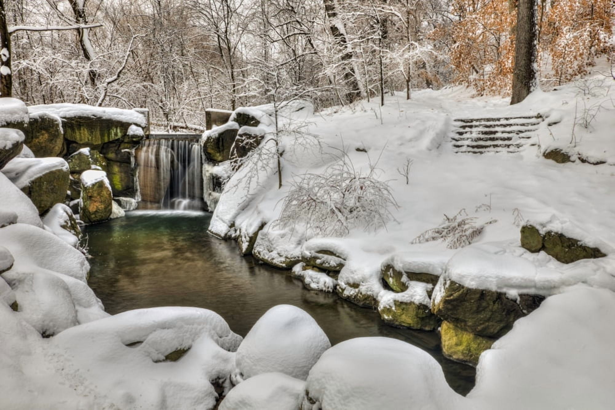 Snow-covered waterfall in The Loch Central Park New York City New York United States of America Canvas Art - F M Kearney Design Pics (38 x 24)