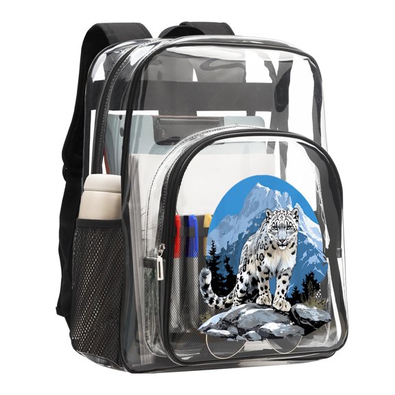 Snow leopard mountain 16'' Clear Backpack, Heavy Duty PVC Transparent Backpack, See Through Bookbag Multiple Pockets for Stadium,Travel