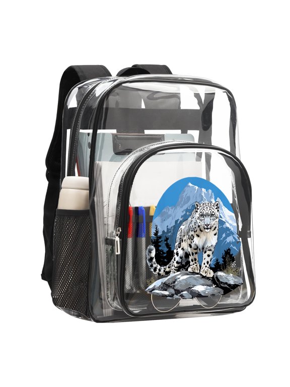 Snow leopard mountain 16'' Clear Backpack, Heavy Duty PVC Transparent Backpack, See Through Bookbag Multiple Pockets for Stadium,Travel
