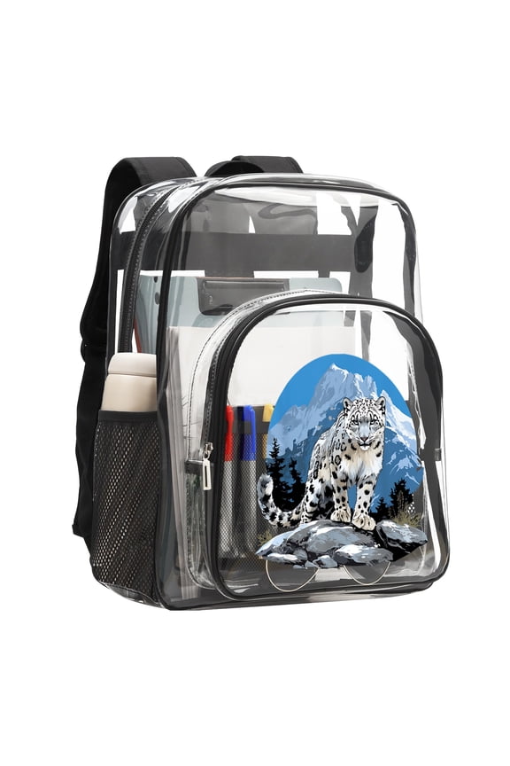 Snow leopard mountain 16'' Clear Backpack, Heavy Duty PVC Transparent Backpack, See Through Bookbag Multiple Pockets for Stadium,Travel