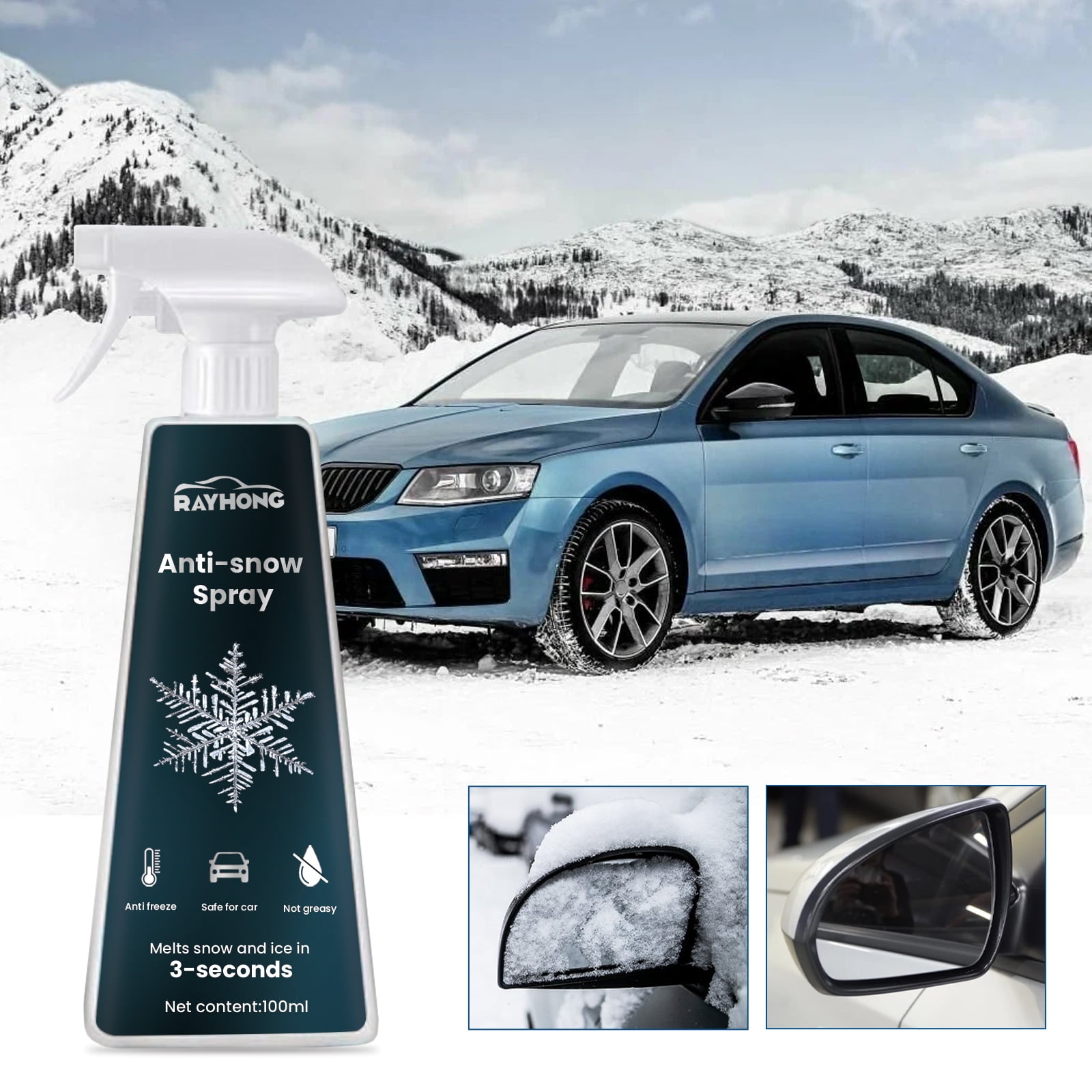 Snow melting agent for quickly removing frost and fog from windshields and rearview mirrors