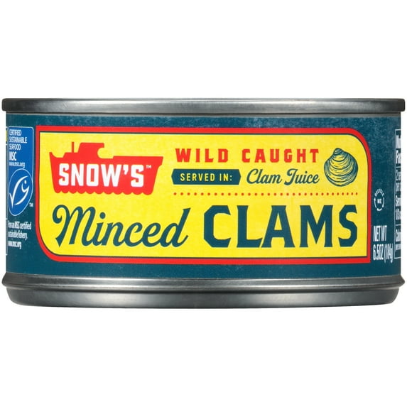 Snow's Wild Caught Minced Clams in Clam Juice, Gluten Free, 5g Protein per Serving, 99% Fat Free, Shelf Stable Can, 6.5 oz
