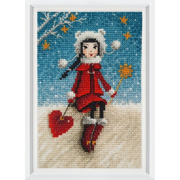 Wizardi Counted Cross Stitch Kit Snow Tenderness C378 Girl in Winter Outfit with Heart, 14ct White Zweigart Aida DMC 26 Colors Floss, Needle, Chart, 3.94x5.91 Kit for Adult RTO