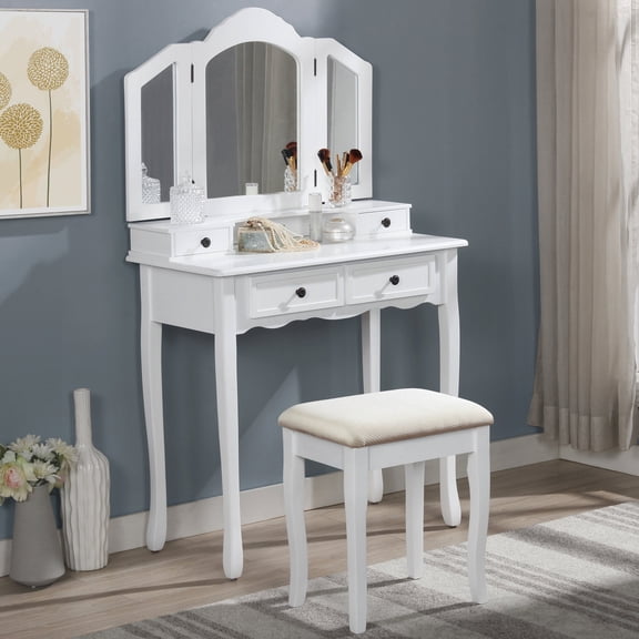 Snow - white Wooden Vanity - Nickel Brushed Accents - Vanity at Home - Create a Beautiful Vanity Zone