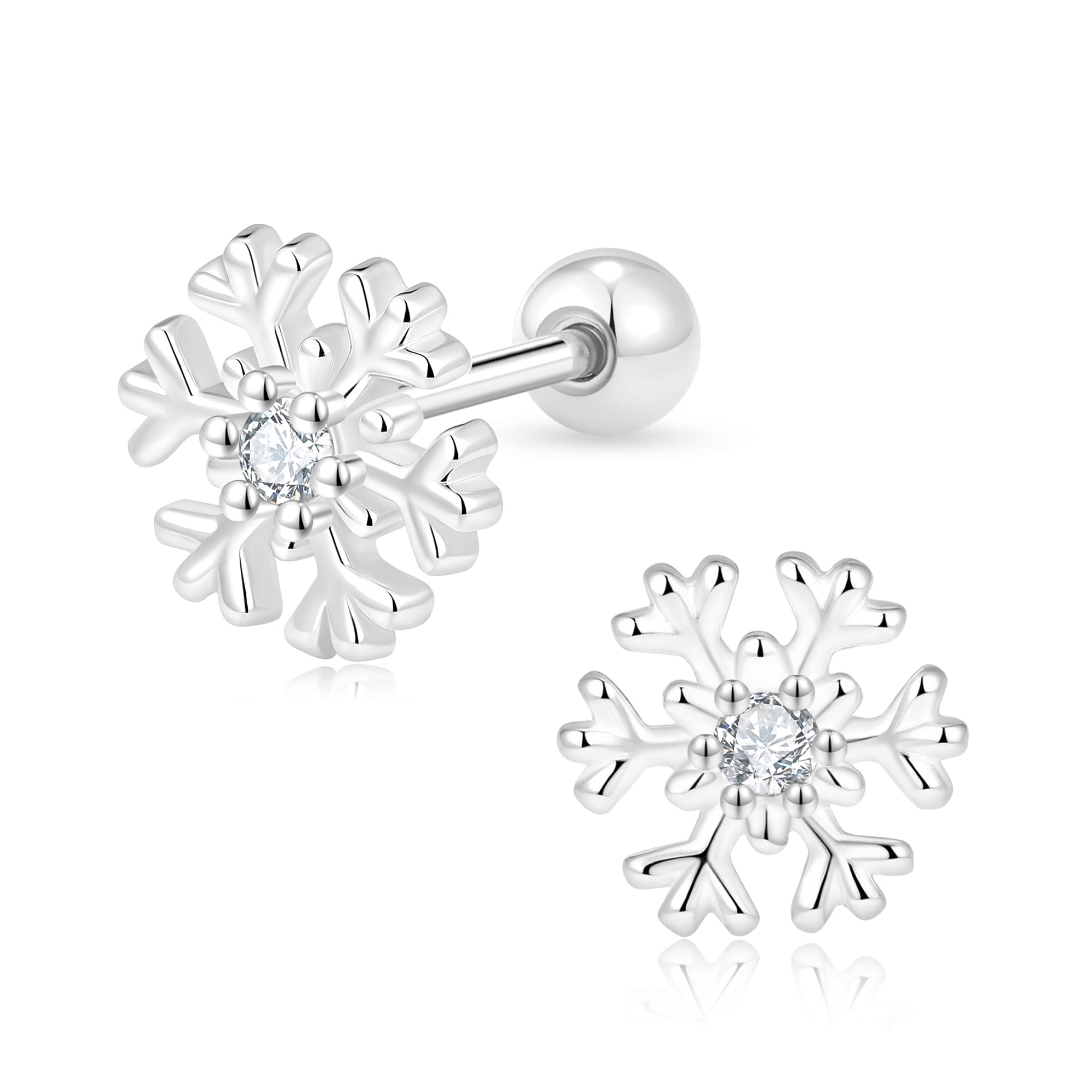 RYSKYJEWELRY Snowflake Clear Stud Earrings, 925 Sterling Silver, Women, All Ages