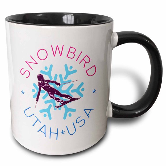 3drose, Snowbird, Utah, Usa. Woman Skier Silhouette, Blue Snowflake Gift, 15oz Two-tone Black Mug