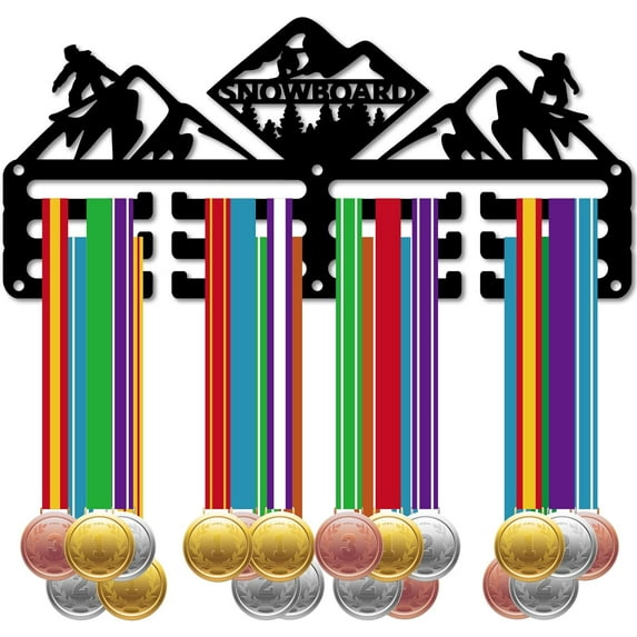 Snowboard Medal Holder Sports Medal Hanger Rack Black Medals Display Snowboarding Athlete Awards Ribbon Small Black Case Hooks Wall Mounted Stand Over 40 Medals for Players