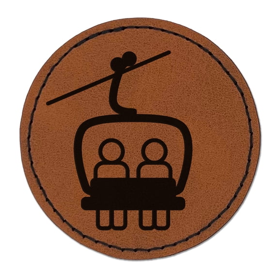 Snowboard Ski Lift Resort Chairlift 2.5" Faux Leather Round Engraved Iron-On Patch - Brown