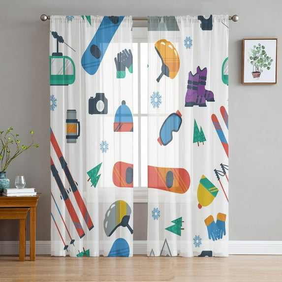 Snowboard Ski Tool Camera Pole Tulle Curtains for Living Room Bedroom Sheer Voile Drapes Modern Printed Design Sheer Curtains