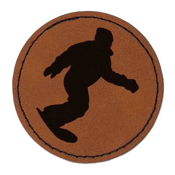 Snowboarder Carve Snow 2.5" Faux Leather Round Engraved Iron-On Patch - Brown