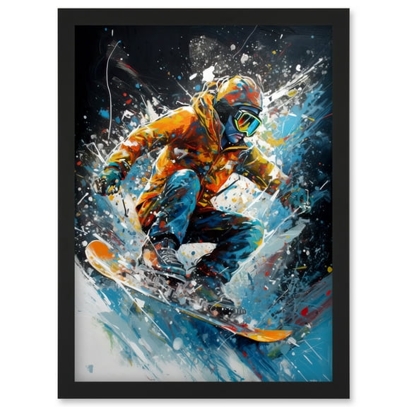 Snowboarder Landing Snowboard Jump Splatter Paint Artwork Framed Wall Art Print A4