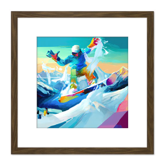 Snowboarder Mid Air Action Shot Modern Colourful Abstract Acrylic Paint Square Wooden Framed Wall Art Print Picture 8X8 Inch
