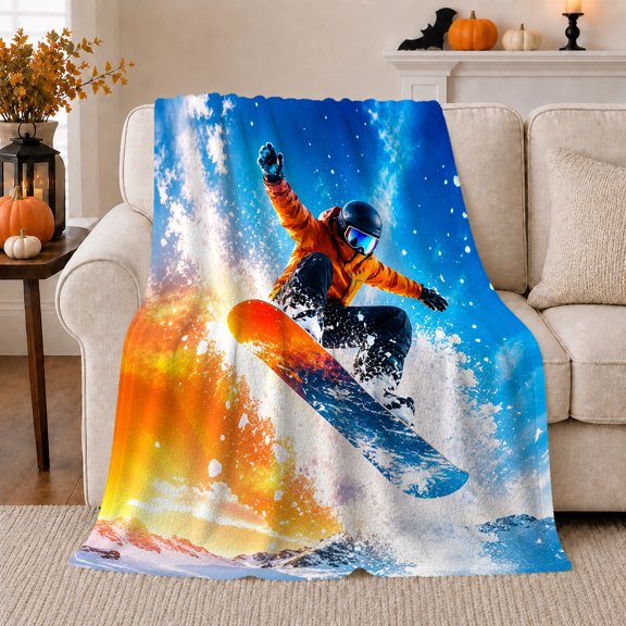 Snowboarder Mid-Air Trick Vibrant Winter Scene Blue, Peaceful Mountain Lake Scene, Warm Flannel Blanket for Cabin and Lodge, Outdoor Lovers Friendship Gift, Artistic Home Decor