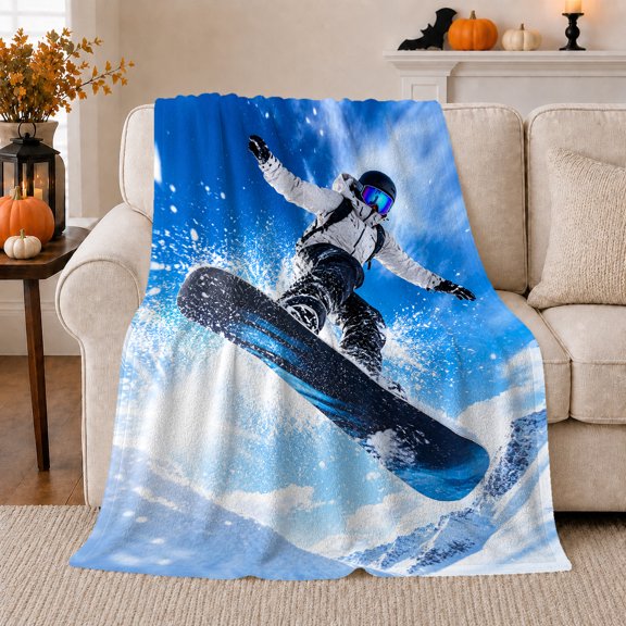 Snowboarder Mid Jump Snow Spray Thrilling Energetic Style, Cozy Friendship Quote Scene, Warm Flannel Blanket for Living Room and Reading Nook, Art Lovers Friendship Gift, Artistic Home Decor
