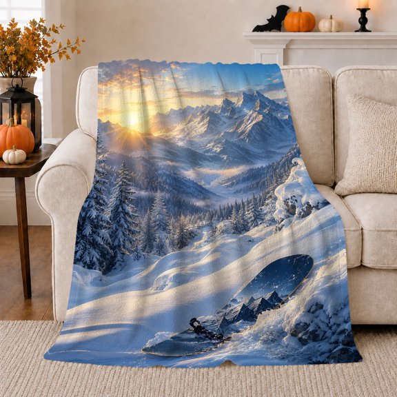 Snowboarder at Sunset Mountain Ridge, Serene Alpine Style for Snowboard Lovers, Golden Winter Slope Scene and Christmas Gift, Soft Flannel Blanket for Cabin and Bedroom, Home Decor