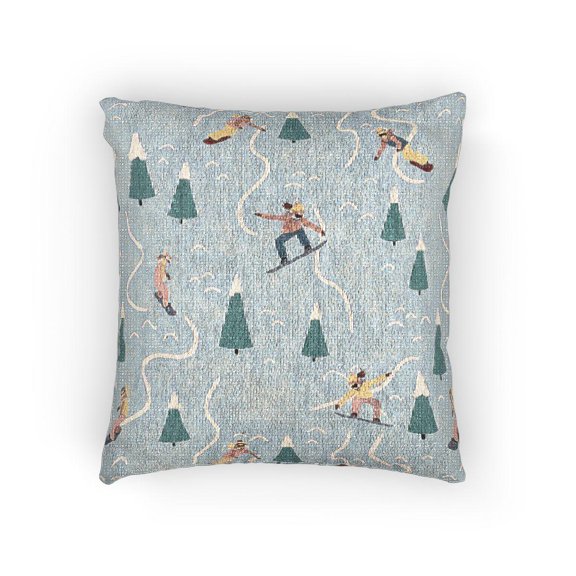 Snowboarders and Snowy Evergreen Trees Light Blue Decorative Woven Pillow, Winter Sports Pattern