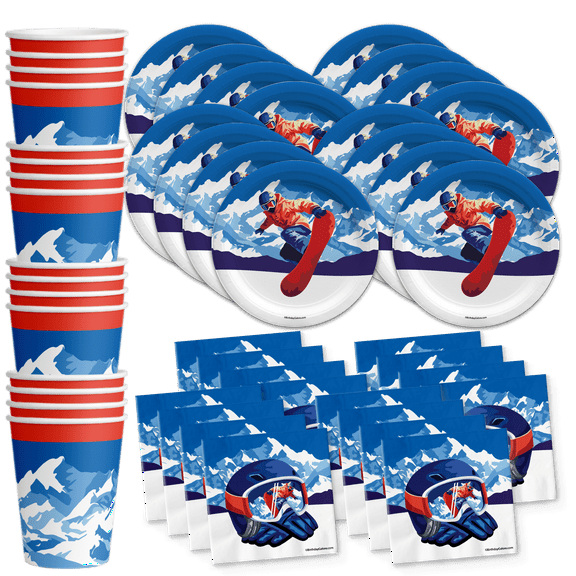Snowboarding Birthday Party Supplies Set Plates Napkins Cups Tableware Kit for 16