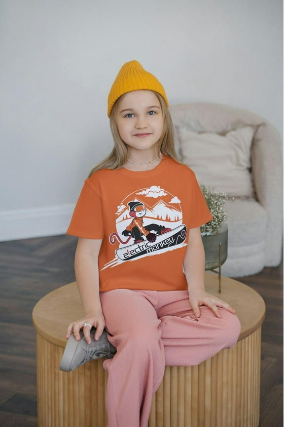 Snowboarding Electric Monkey Kids Tee Shirt – Orange Graphic T-Shirt, Fun and Soft Design for Boys & Girls, Comfortable Kids Apparel
