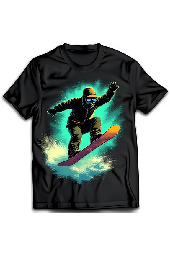 Snowboarding Graphic Black T-Shirt Mid Air Action Design for Thrill Seekers