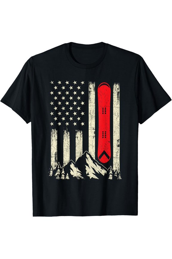 Snowboarding Lover - USA Flag Snowboarder Wintersports Lover T-ShirtMen's and women's gift, black and white T-shirt, size: Extra large S-4XL