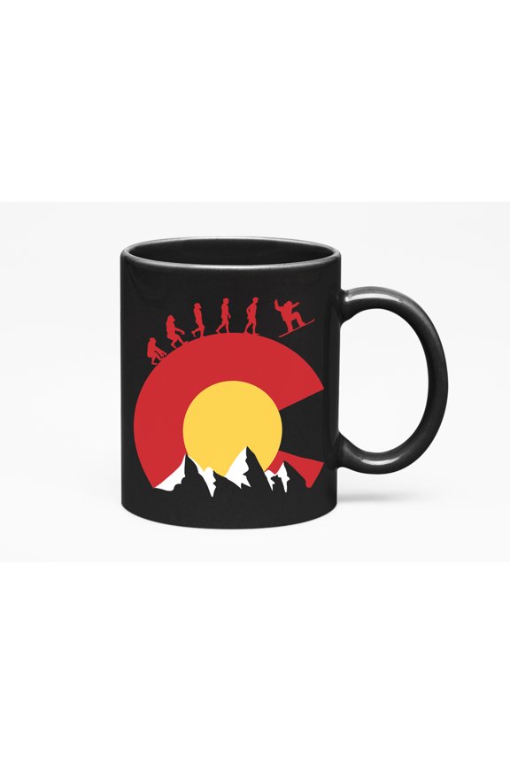Snowboarding in Colorado feat. Evolution on CO Symbol, Black 11oz Ceramic Mug