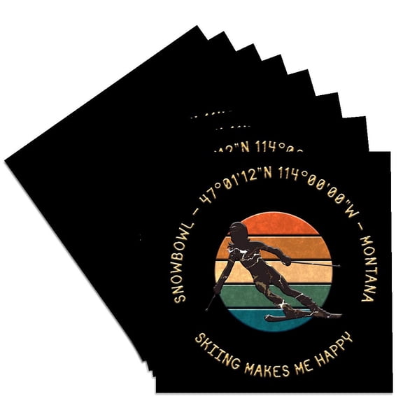 3drose, Snowbowl, Montana. Woman Skier. Yellow, Black. Downhill Skiing Gift, Set of 8 Ceramic Tile Coasters