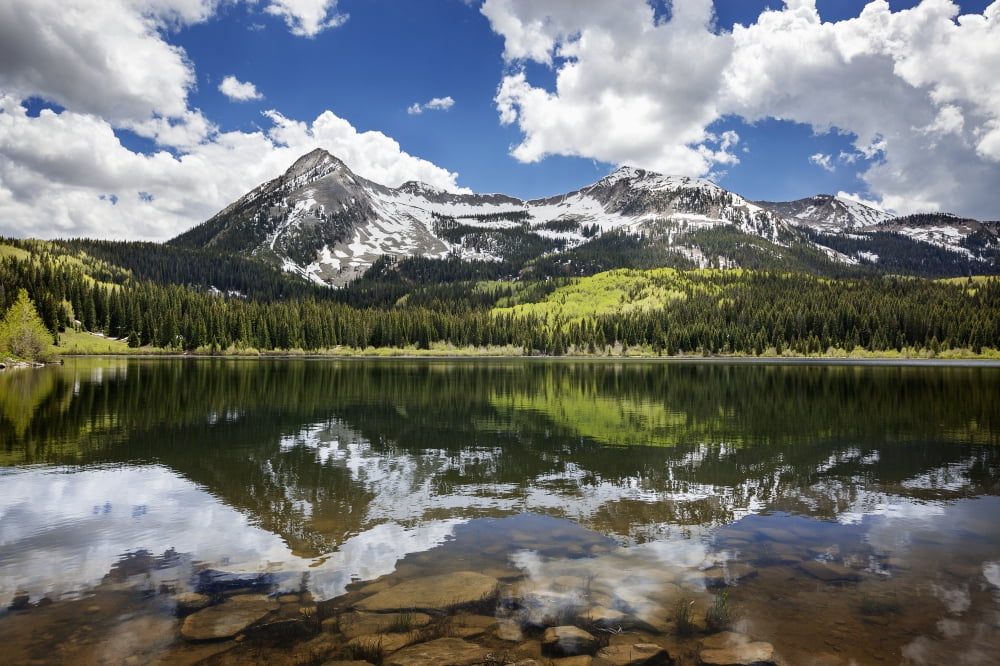 Snowcapped East Beckwith mountain in the background reflected in Lost Lake Slough Colorado United States of America Canvas Art - Joey Hayes Design Pics (19 x 12)