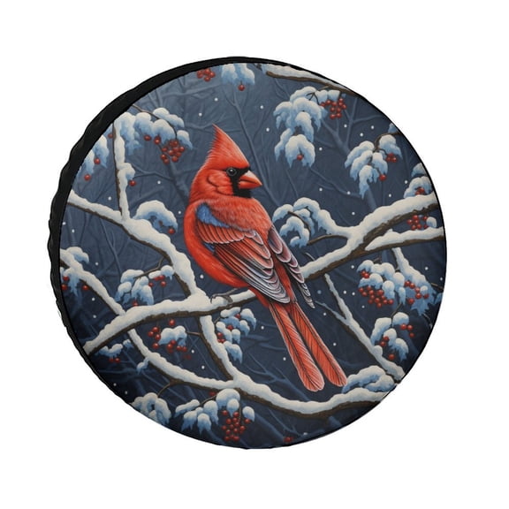 Snowcovered Red Cardinal Perched On A Branch Heavy Duty Spare Tire Cover Cardinal Bird Pattern Polyester Universal Spare Wheel Tire Cover Wheel Covers for Camper Travel Trailer SUV Truck 12inch