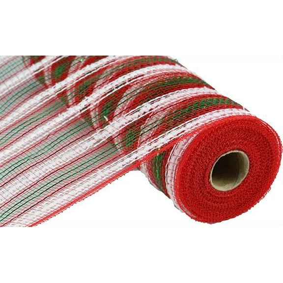 Snowdrift Metallic Stripe Deco Poly Mesh Ribbon - 10.5 inch x 30 feet Red, White, Emerald
