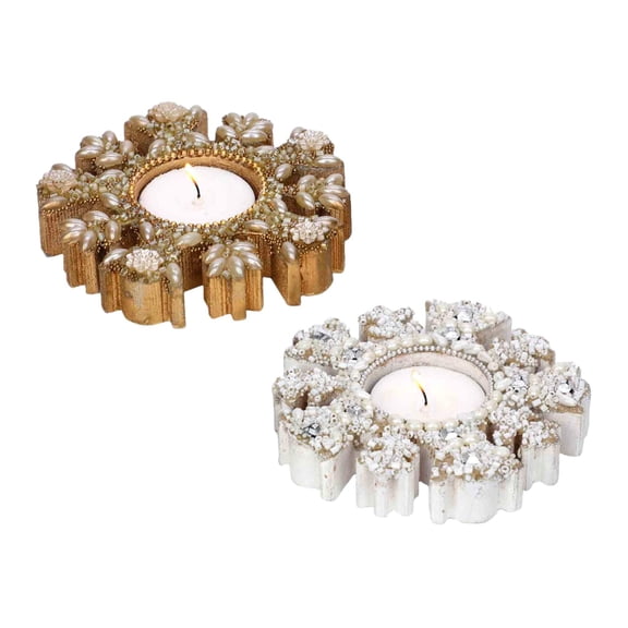 Snowdrift Tea Light HolderColor: Gold & WhiteSize: 4"x4"x1"Set of 2