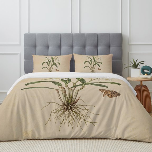 Snowdrop Flower 4 Piece Duvet Cover Set California King Size Vintage Plant Taproot System Butterfly Rustic Soft Bedding Set Comforter Cover, 1 Duvet Cover 1 Flat Sheets and 2 Pillowcases