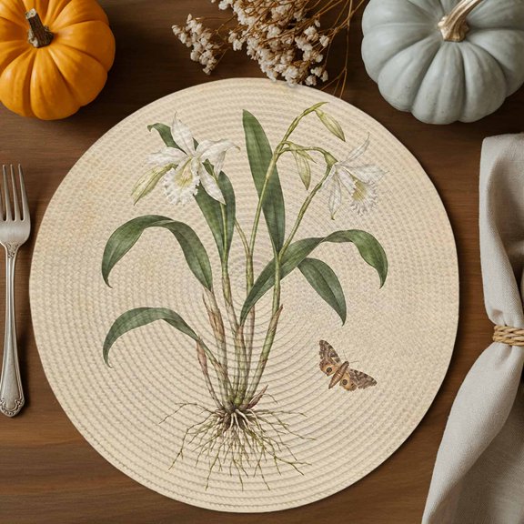 Snowdrop Flower Round Braided Placemats 13", 1 Pack Vintage Plant Taproot System Butterfly Rustic Heat Insulation Place Mats Washable Non-Slip Table Mats for Kitchen Dining Party
