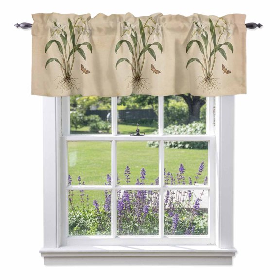 Snowdrop Flower Valance Curtain 1 Panel, Vintage Plant Taproot System Butterfly Rustic Kitchen Valance with Rod Pocket Window Treatment Short Curtains for Bathroom Bedroom, 42 x 12 Inches