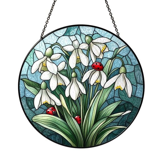 Snowdrop Flowers Red Ladybugs Stained Glass Style Suncatcher, Botanical Window Hanging Decor, Graceful Spring Garden Art Gift