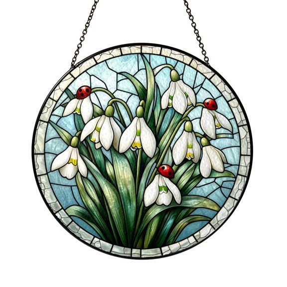 Snowdrop Flowers with Red Ladybugs Stained Glass Suncatcher, Spring Floral Window Hanging Decor, Delicate Garden Nature Art Gift