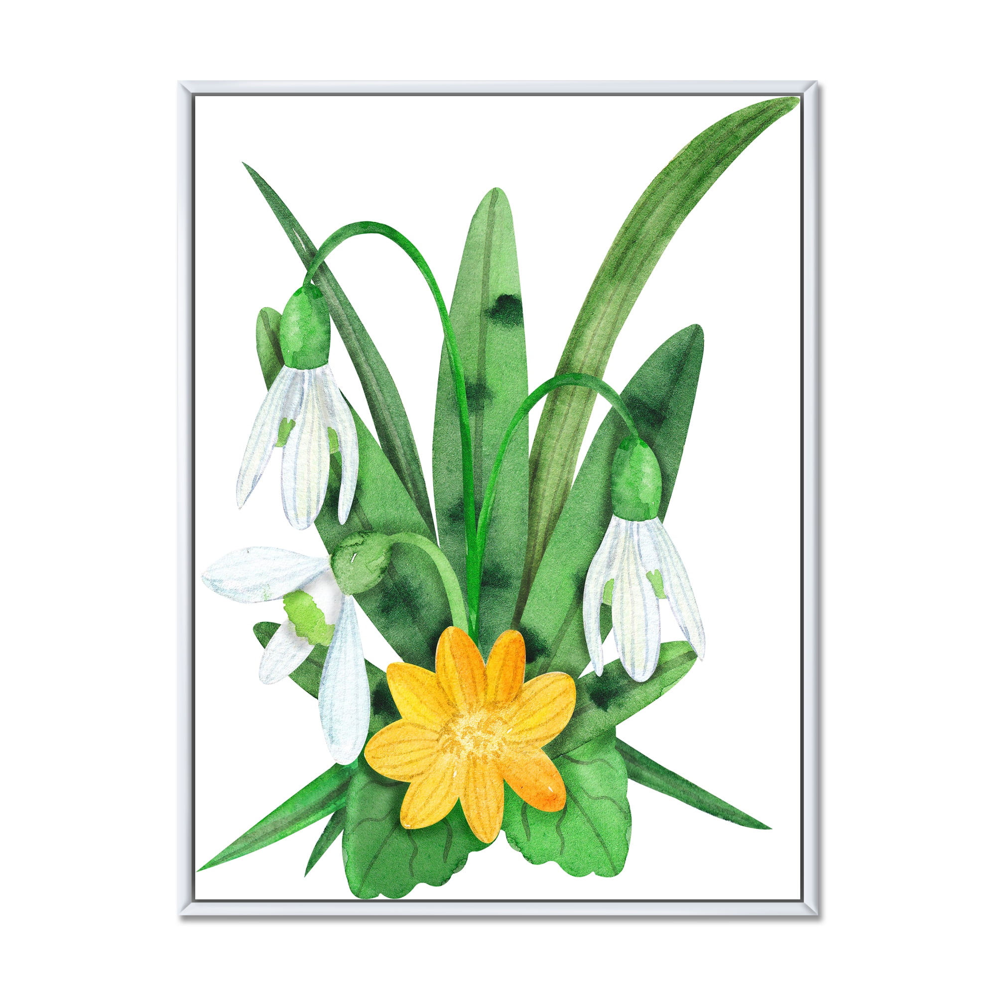 Snowdrops and Yellow Erantis VIntage Flowers 12 in x 20 in Framed Painting Canvas Art Print, by Designart