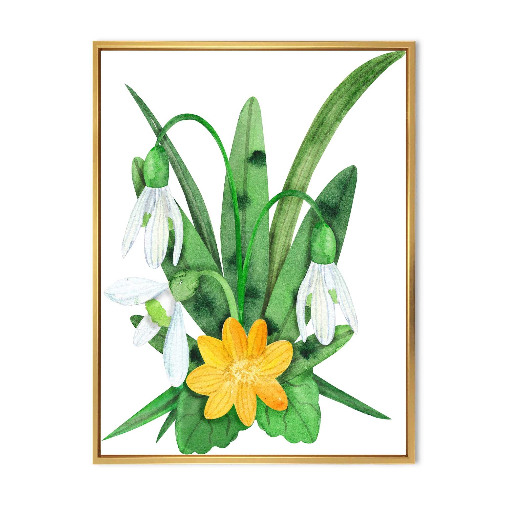 Snowdrops and Yellow Erantis VIntage Flowers 30 in x 40 in Framed Painting Canvas Art Print, by Designart