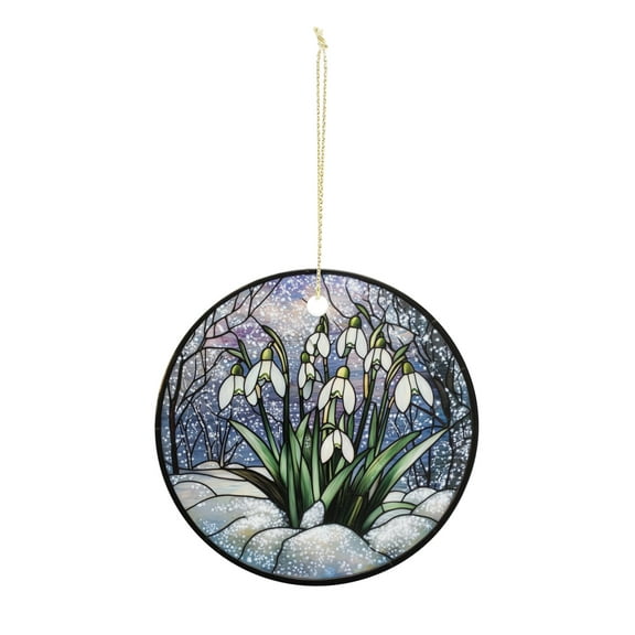Snowdrops in winter scene Christmas ornament, Christmas decoration, holiday present idea, heirloom keepsake, round ceramic, gift Exchange, bauble present, gift idea