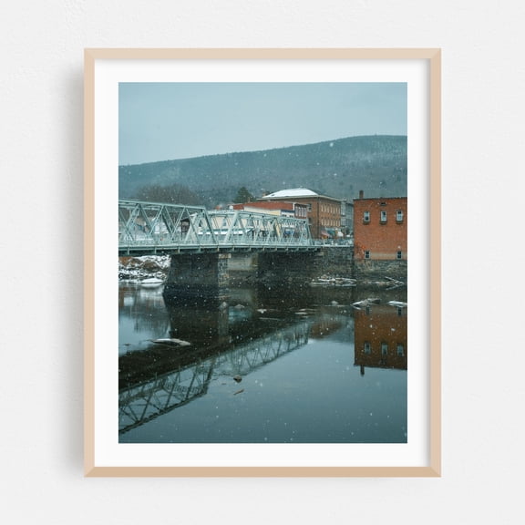 Snowfall in Shelburne Falls - Shelburne Falls Massachusetts Photography Bridge Snow Winter Scenic Architecture Rural Water Oak Framed Wall Art Print 12 x 16 inches