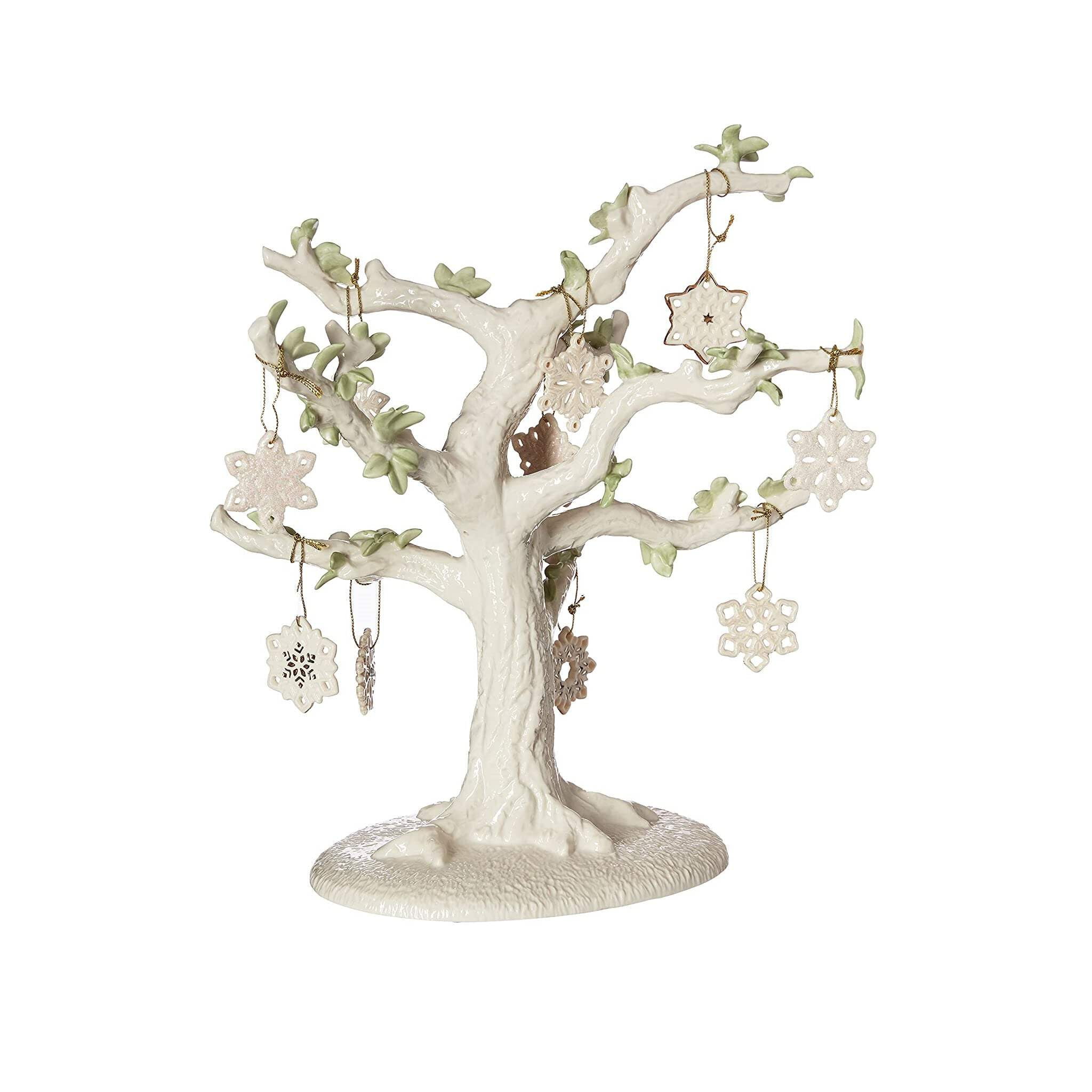 Ivory Porcelain Snowflake Ornament Tree Set with Display Stand