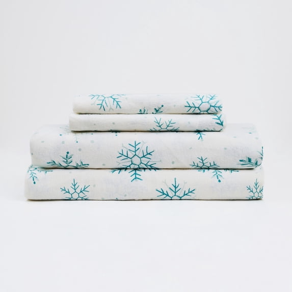 Snowflake 100% Cotton 4-Piece King Flannel Sheet Set