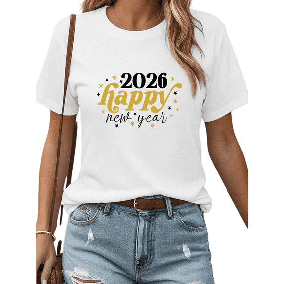 Snowflake 2026 Happy New Year Theme Graphic Suitable Tee T Shirt Gold Pattern Tees Tops Short Sleeve Round Neck White S-5XL