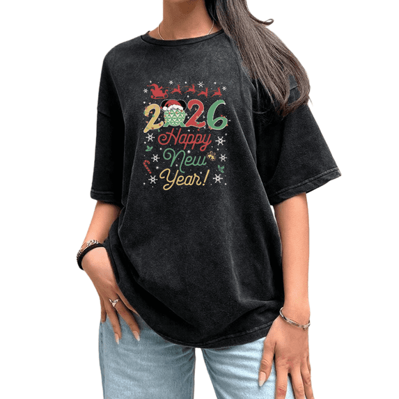 Snowflake 2026 Santa With Reindeer Graphic Tee T Shirt Tops Regular Fit Short Sleeve Round Neck Black S-2XL Plus Size