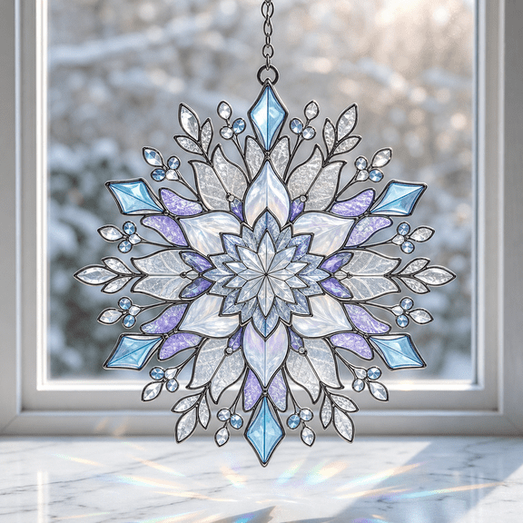 Snowflake Acrylic Suncatcher Window Hanging, Stained Glass Style Winter Gift Decor