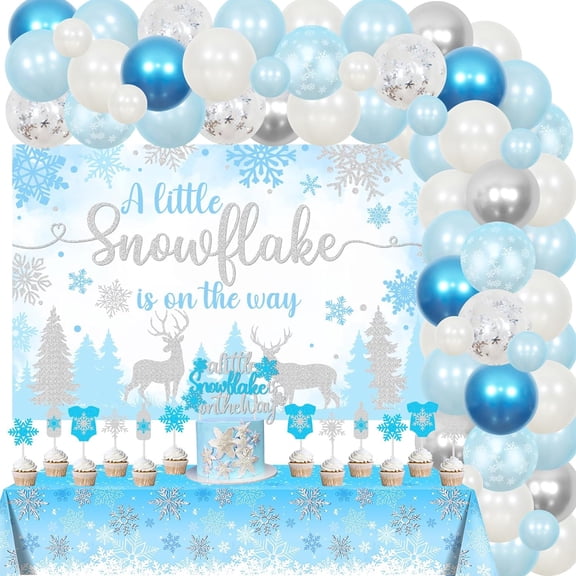 Snowflake Baby Shower Decorations, A Little Snowflake Is On The Way Backdrop Cake Topper Snowflake Balloon Garland Arch Kit Tablecloth Blue for Boys Winter Baby Shower Party Supplies